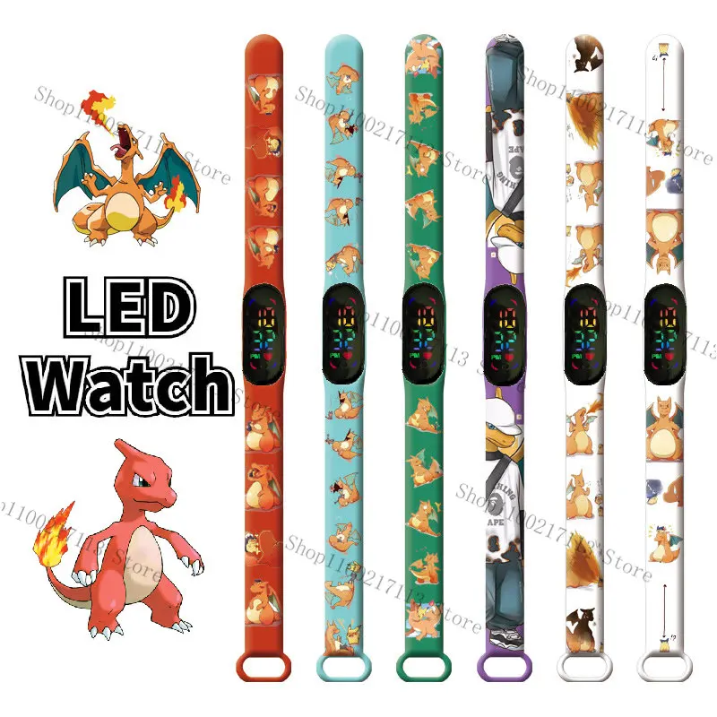 Купи Pokemon Charmander children's watches anime action figure Charmander Printing Silicone LED Waterproof Electronic kids Watch gift за 94 рублей в магазине AliExpress