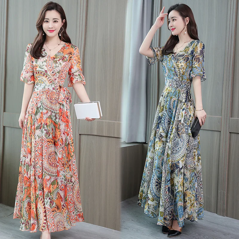 

2022 New Women's Summer V-neck Printed Lace-up Skirt Mid-length Dress