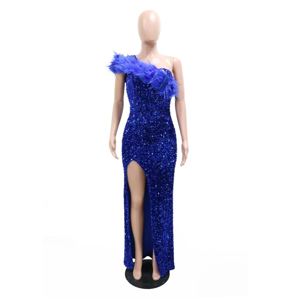 Женское облегающее платье миди iDress с блестками на одно плечо высоким разрезом