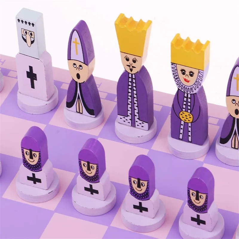 

Wooden International Chess Game Set With Funny King And Queen Chessman Board Educational Toys Gift For Kids Adults Purple Pink