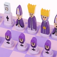 wooden international chess game set with funny king and queen chessman board educational toys gift for kids adults purple pink