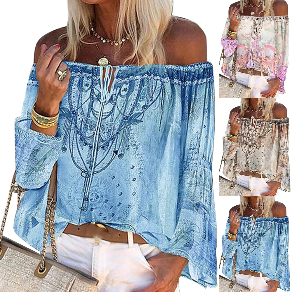 

Female Blouses Sexy Casual Blouse for Women Long Sleeve Off Shoulder Floral Print Hollow Out Lace Up Blouse Tops Shirts