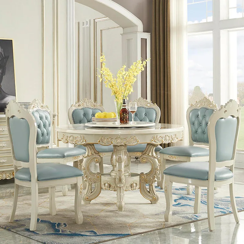 

European dining table and chair marble round table with turntable 8 luxurious round table with solid wood carving kitchen table