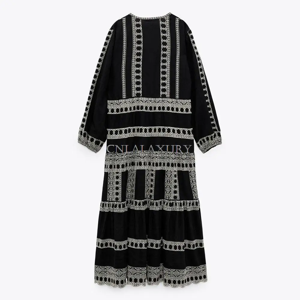 

CNlalaxury Women Elegant V-Neck Summer Long Dresses Casual Long Sleeve Dresses Embroidery Robe Dress Vintage Besch Boho Dress