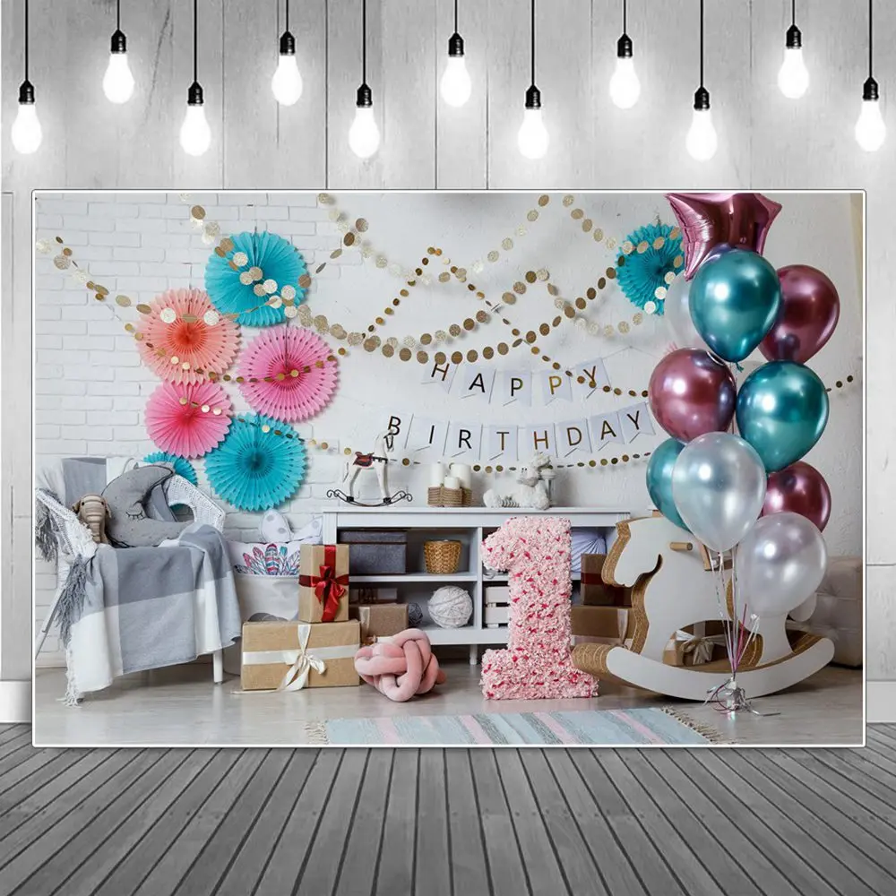 

Paper Flowers Bunting Balloons Happy Birthday Decoration Photography Backgrounds Kids orse Gifts Home Party Photocall Backdrops