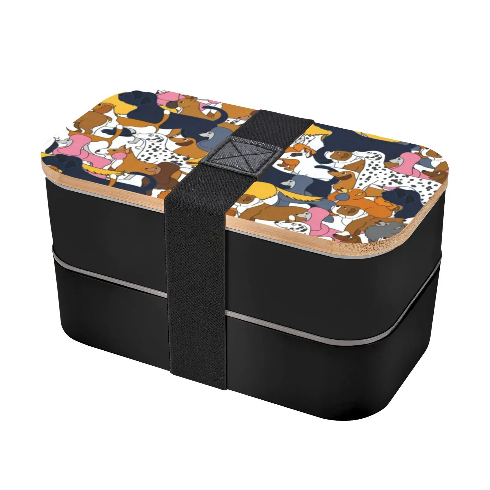 

2022 New Wooden Lid + PP Material Fashionable Strap Double Layer Lunch Box Knife Fork Group Of Cute Cartoon Puppies