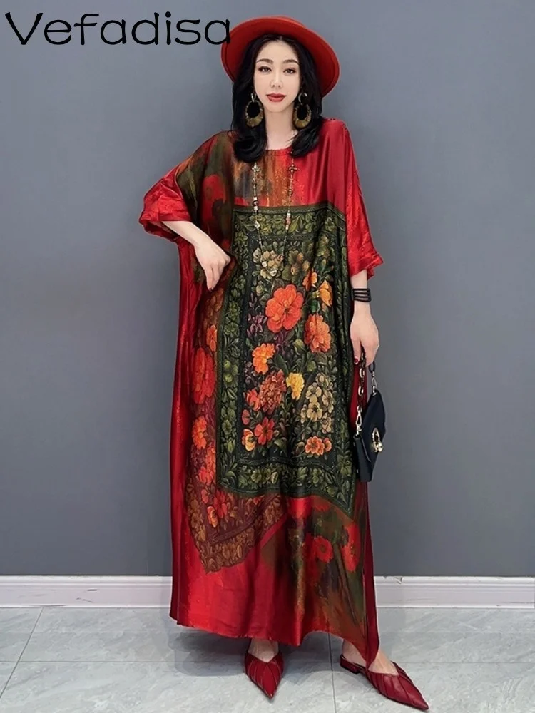 

Vefadisa 2023 Spring Summer New Flower Bat Sleeve Large Dress Slim Versatile Red Women Wear Trendy Personalized Dress ZY570