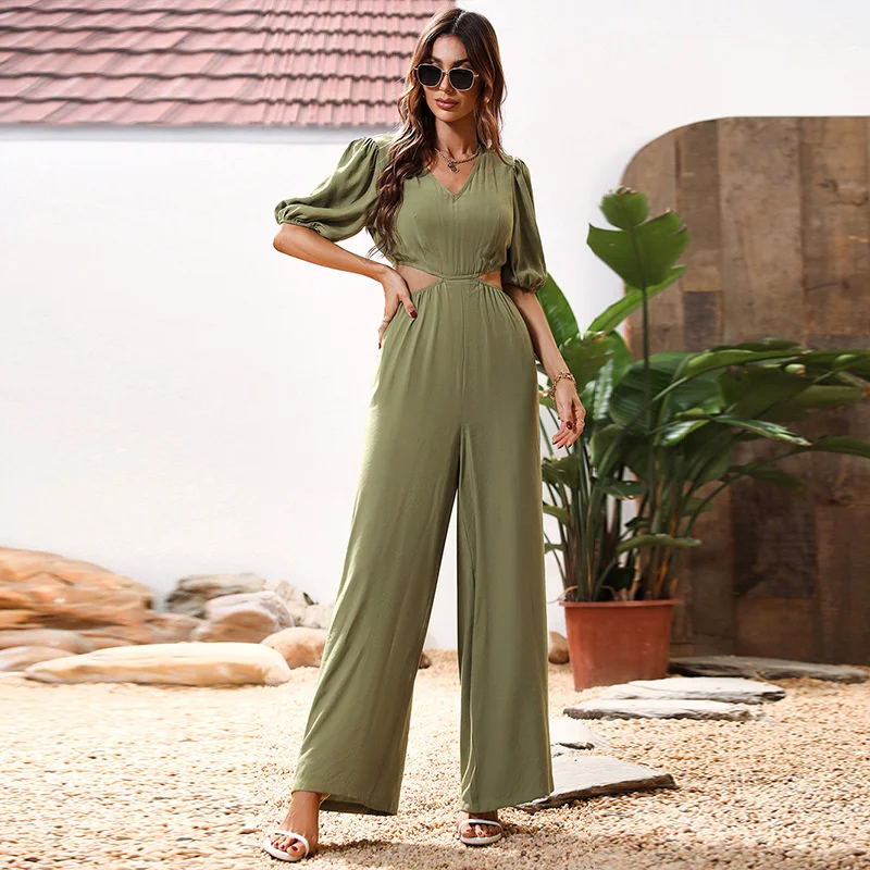 

2022 Women's Summer New Wide Truffle Waist V-neck Middle Sleeve Military Green Casual Women's Jumpsuit