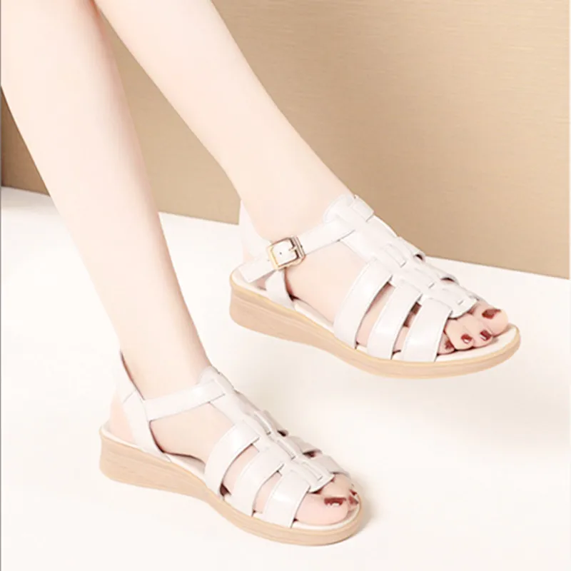 Sandals Women's Genuine Leather 2023 New Roman Style Woven Sandals Flat Casual Beach Shoes Wedges Shoes for Women Luxury