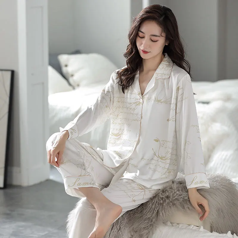 2023 Spring and Summer Couple Pajamas Chiffon Women's Long-sleeved Trousers Printed Home Service Men's Autumn Pajamas Lounge Set