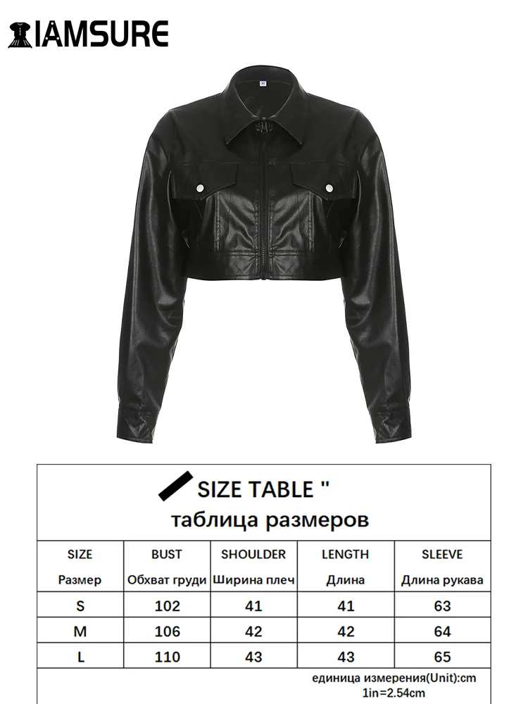IAMSURE Casual Streetwear Pu Leather Cropped Jackets Autumn Zipper Turn-Down Collar Long Sleeve Coats Women 2022 Streetwear
