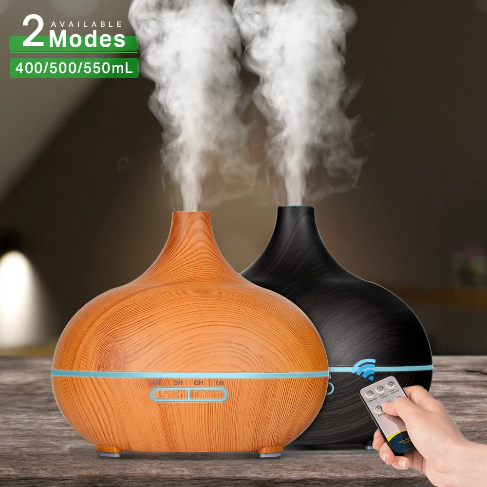 550 500 400 Essential Oil Diffuser Aromatherapy Grain Wood Remote Control Humidifier Ultra Fresh Air with 7 Colors Led Light
