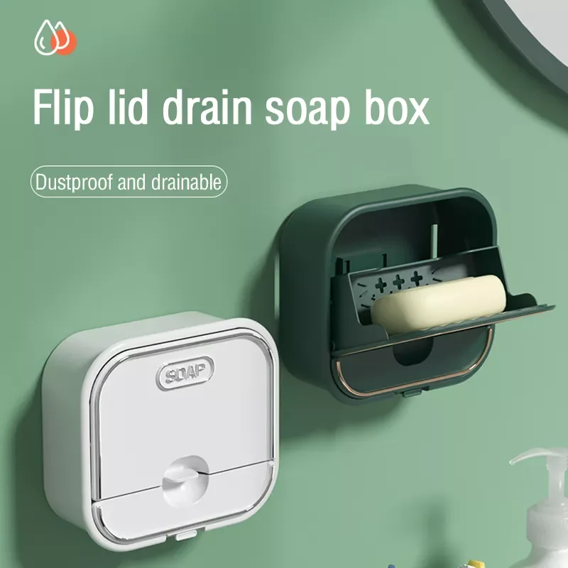 

Double Layer Dustproof Drain Soap Shelf Bathroom Accessories Set Punch-Free Wall-Mounted Waterproof Soap Dish Holder With Cover