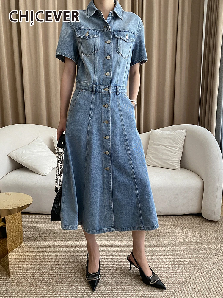 

CHICEVER Casual Denim Midi Dresses For Women Lapel Short Sleeve High Waist Single Breasted Solid Folds Summer Dress Female New