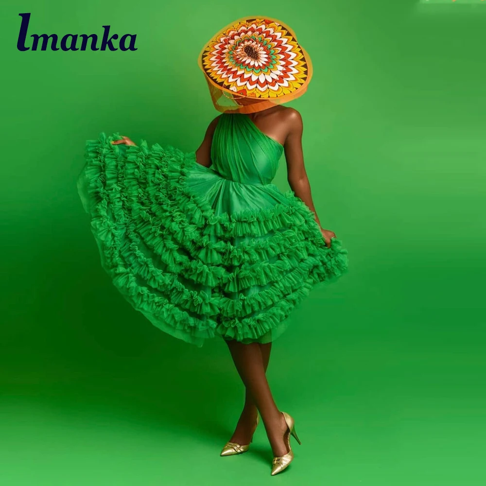 

IMANKA Pastrol Green Tulle Prom Evening Dress Tiered Pleat One Shoulder A-LINE Knee-Length Sleeveless Abendkleider Made To Order