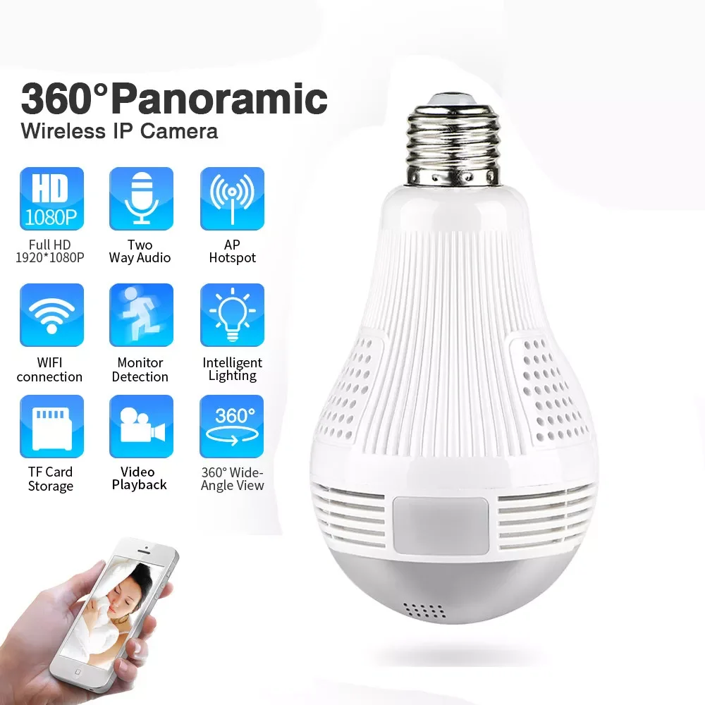 

HD 360 ° панорамная Wi-Fi 1080P IP-камера с лампочкой для домашней безопасности видеокамера беспроводная камера видеонаблюдения «рыбий глаз» сеть