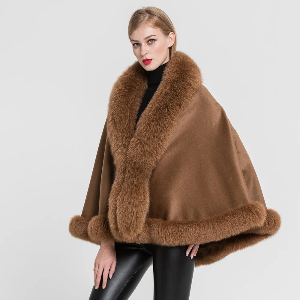 Women Fashion Real Fox Fur Poncho Solid Elegant Cashmere Capes Winter Thicken Warm All-match Fur Cloak For Women Top Quality