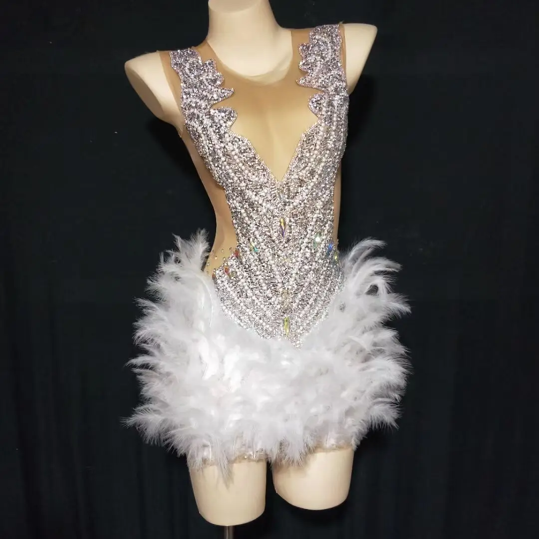 

Fashion Sparkly Rhinestones Pearl Feather Bodysuit Sexy Transparent Mesh Leotard Nightclub Bar DJ Singer Dancer Stage Costume