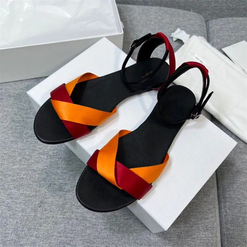 

The Women's Shoes Round Toe Commuting Comfortable Shoes 2023 French Fashion One-word Belt Women New Row Satin Flat Sandals