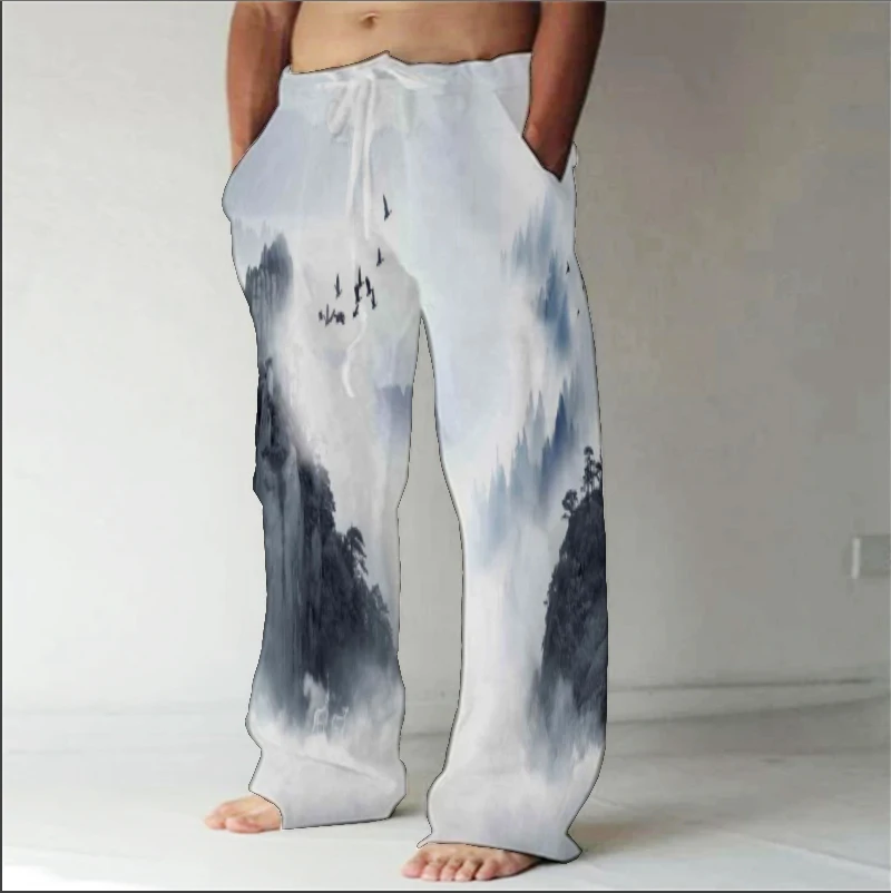 

New Street Hip Hop Breathable Wide Leg Pants Fashion Loose Straight Leg Pants Occidental 3D Digital Printing Casual Beach Pants