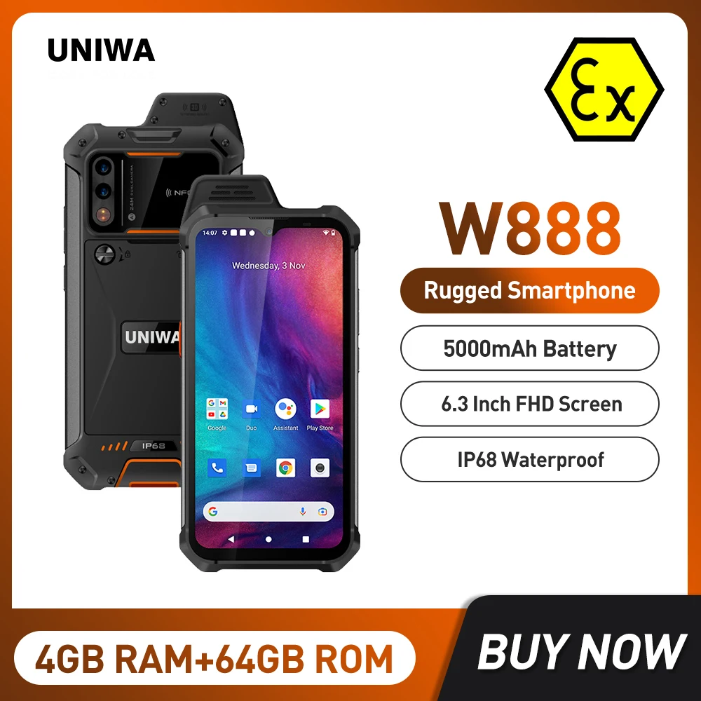 ATEX взрывозащищенный смартфон IP68 UNIWA W888 4 Гб 64 Andriod 11 6 3 дюйма телефон NFC Walkie Talkie 4G