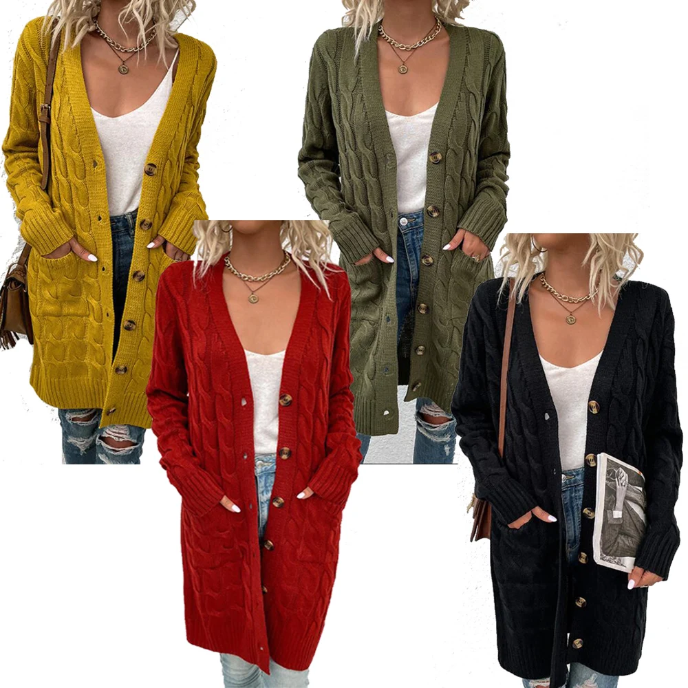 

Корейский модный Повседневный теплый осенне-зимний свитер, кардиган, Женский однобортный вязаный теплый длинный свитер с карманами, пальто для женщин