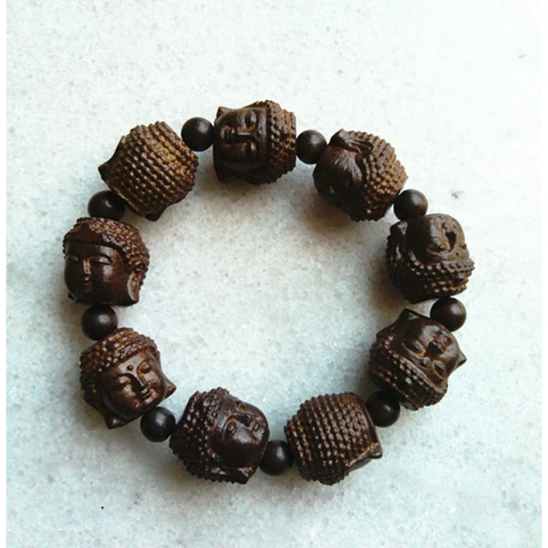 20MM chinese handcareved Natural Wood Bracelet with Buddha head Beads