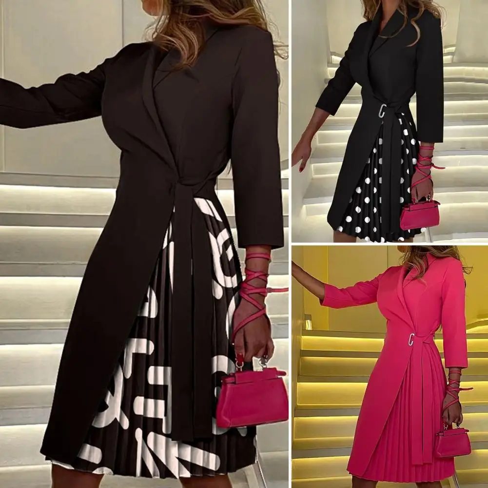 

Breathable Popular Office Lady Lace-up Waist Tight Slim Fit Autumn Dress Soft Blazer Dress Pleated Hem for Wedding