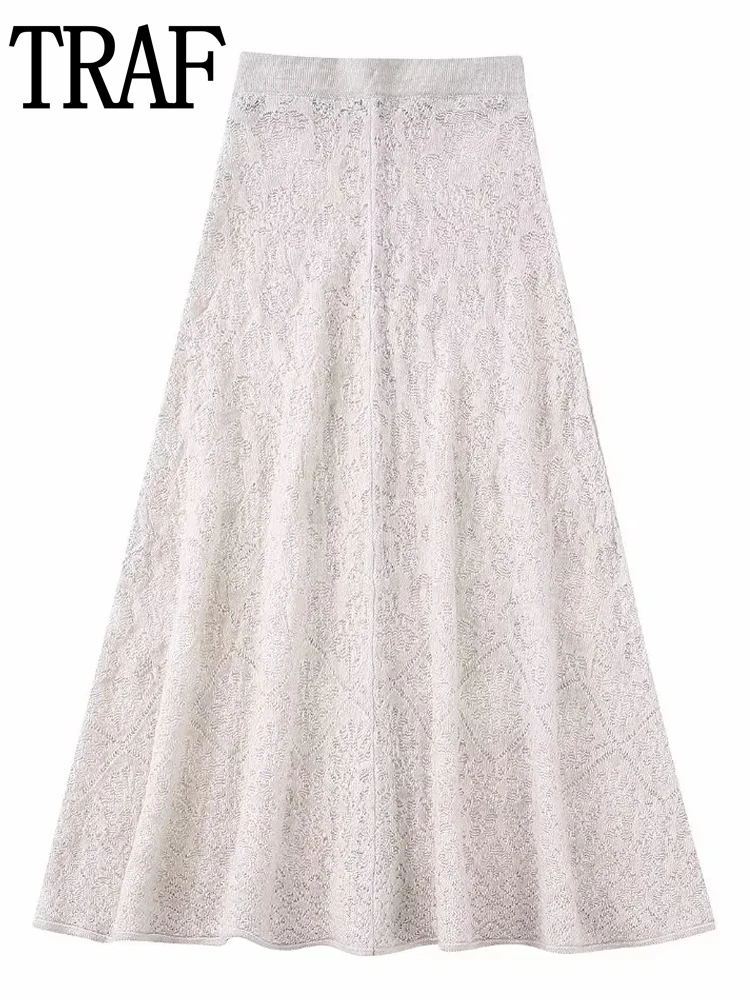 

TRAF Knitted Elegant Long Skirts Woman Fashion 2022 High Waist Jacquard Skirt Women Streetwear Autumn Midi Skirt Chic Knit Skirt