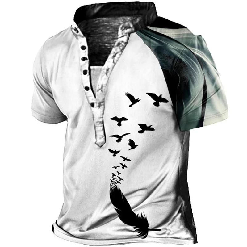 2023 Summer Men's T-shirt Six Grain Guckle V-neck 3D Print Cool Tops Retro Streetwear Plus Size Clothing