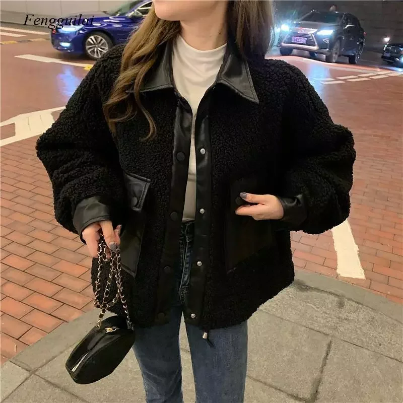 

2021 Lapel Female Winter Imitation Lamb Fur Pocket Lamb Velvet High Street Stitching Coat Loose Parka