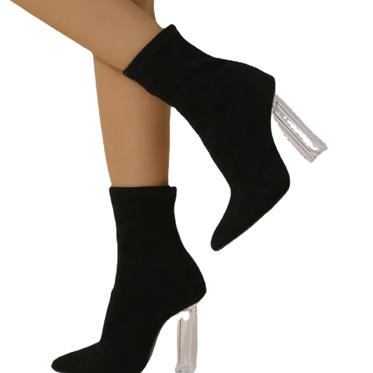 Ladies High Heels Women's Thick  Solid Color Pointed Suede Square Root Middle Tube Thickened Breathable Warm  Women