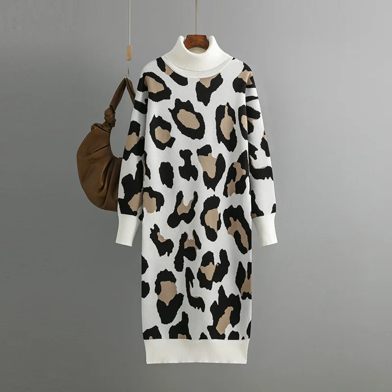 

Дизайнерское повседневное теплое платье-свитер, новое вязаное платье с высоким воротником на осень и зиму, Модное Длинное платье-свитер с леопардовым принтом