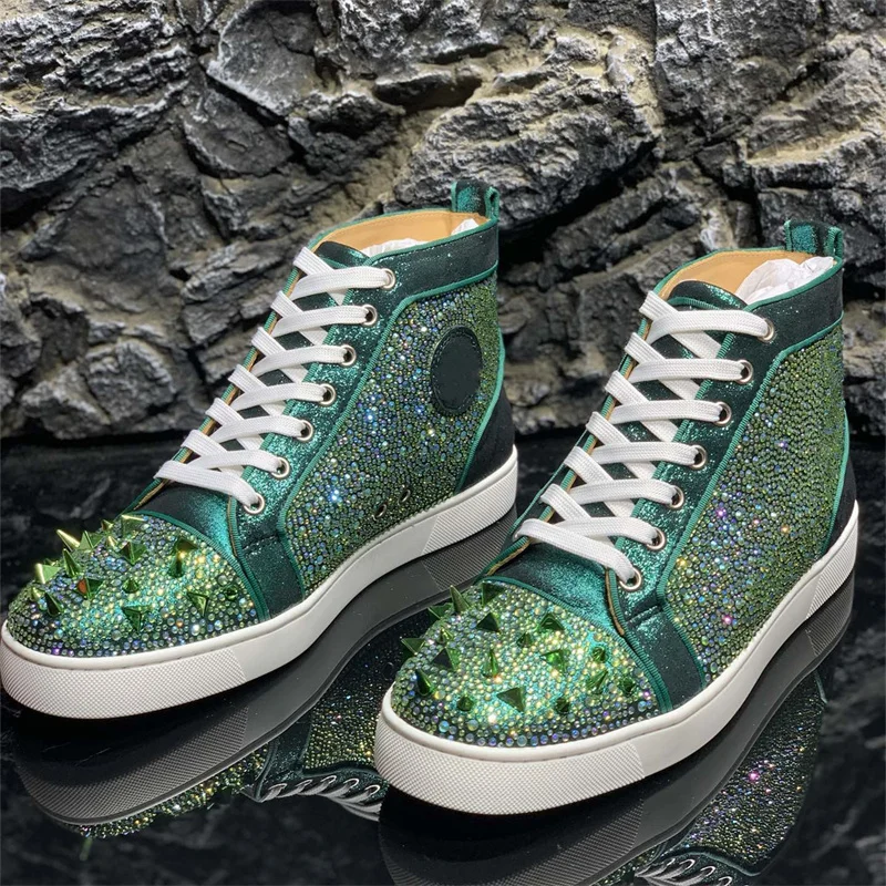 

Luxury Brand Green Rhinestones Leather Red Bottoms High Tops Rivets Shoes For Men's Casual Flats Loafers Women's Spikes Sneakers
