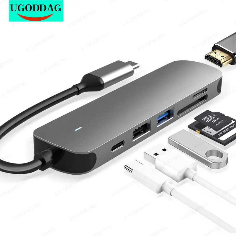 

USB-концентратор 6 в 1 с USB 3,0 4K-HDMI Тип C/PD SD/TF-кардридер, док-станция, совместимая с MacBook Pro