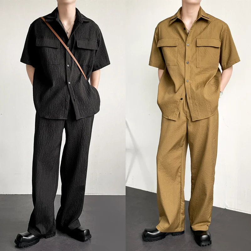 

Privathinker 2023 Spring Summer Men's Pleated Suit Casual Short sleeve Two-piece Set Fashion Solid Color Korean Male Clothing