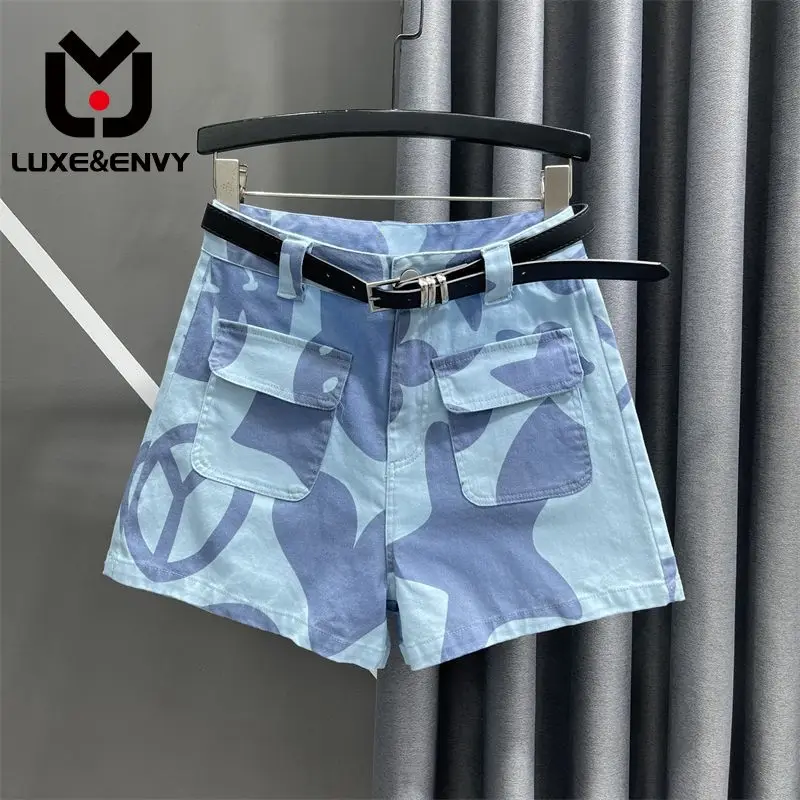 

Small print design girl high waisted A-line wide leg pants women's summer new slimming Korean denim shorts trend