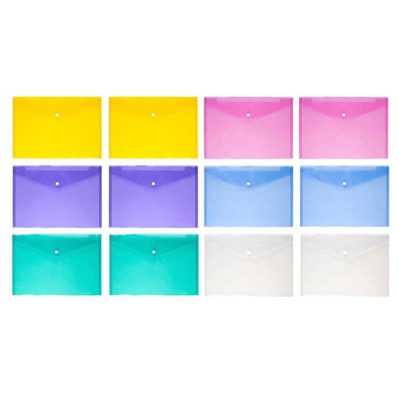 

12Piece Multi File Envelope PVC Snap Button File Bag 6 Colors Plastic With Business Card Holder File Bag