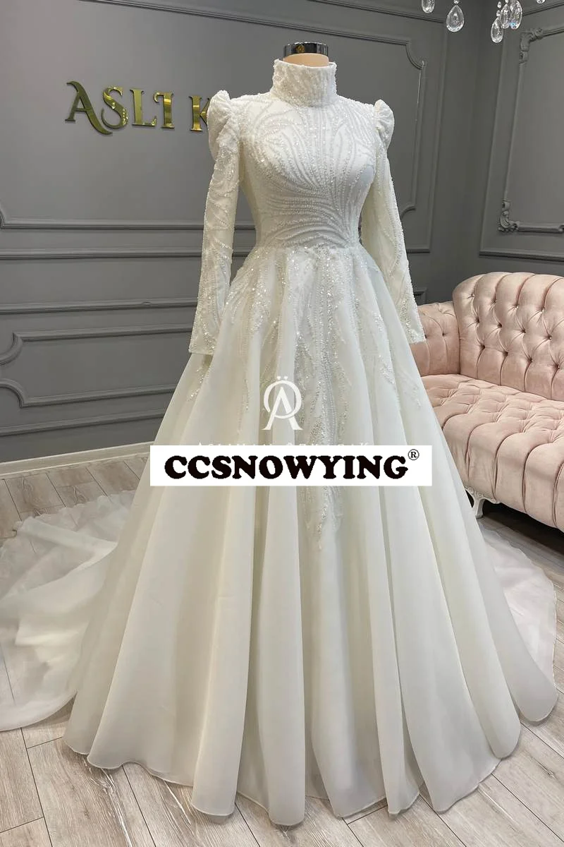 

Роскошное мусульманское свадебное платье с аппликацией из бисера для невесты с длинным рукавом исламские Свадебные платья с высоким воротником женское арабское платье для невесты