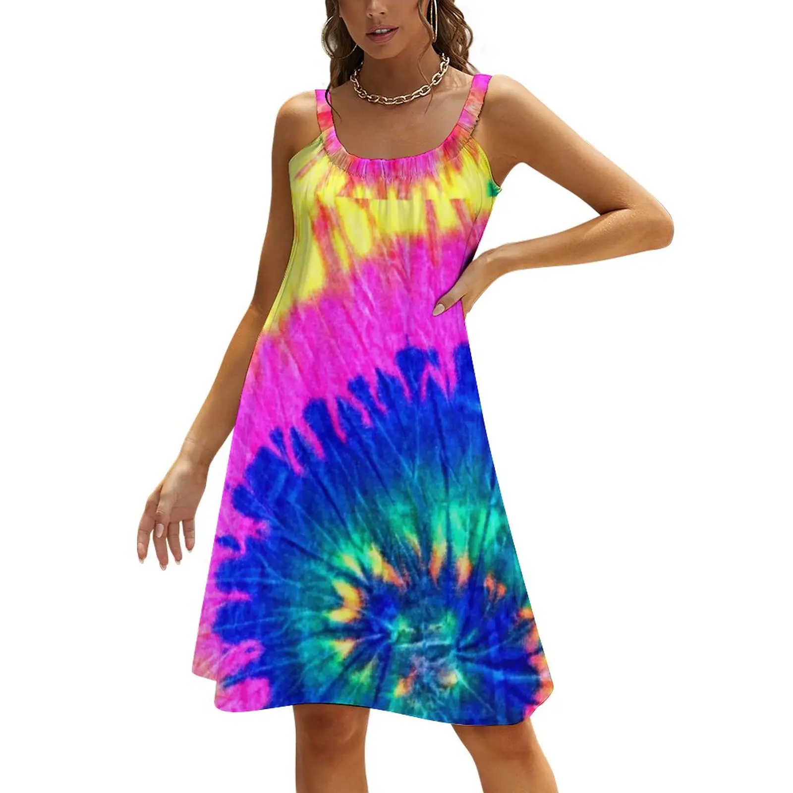 

Tie Dye Spiral Dress Circle Rainbow Pattern Elegant Dresses Daily Basic Oversize Sundress Cheap Female Printed Clothes