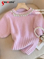 beautiful woman beaded o neck pink sweater with short sleeve 2022 fall new womens chic slim fit pullover crop sweater tops