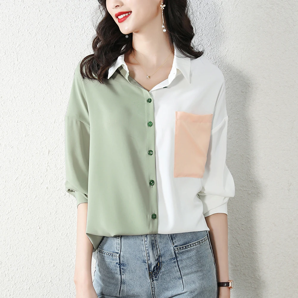 

Fashion 2022 Vintage Shirt Blouse Women Casual Color Patchwork Tops Women 3/4 Sleeve Loose Shirt Ladies Elegant Clothing Femme