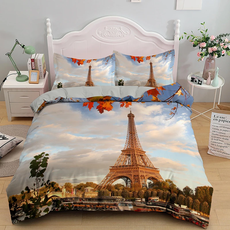 

Microfiber Floral Duvet Cover Romantic Eiffel Tower Bedding Set Paris Cityscape Twin Comforter Cover For Girls Teen Adult Room