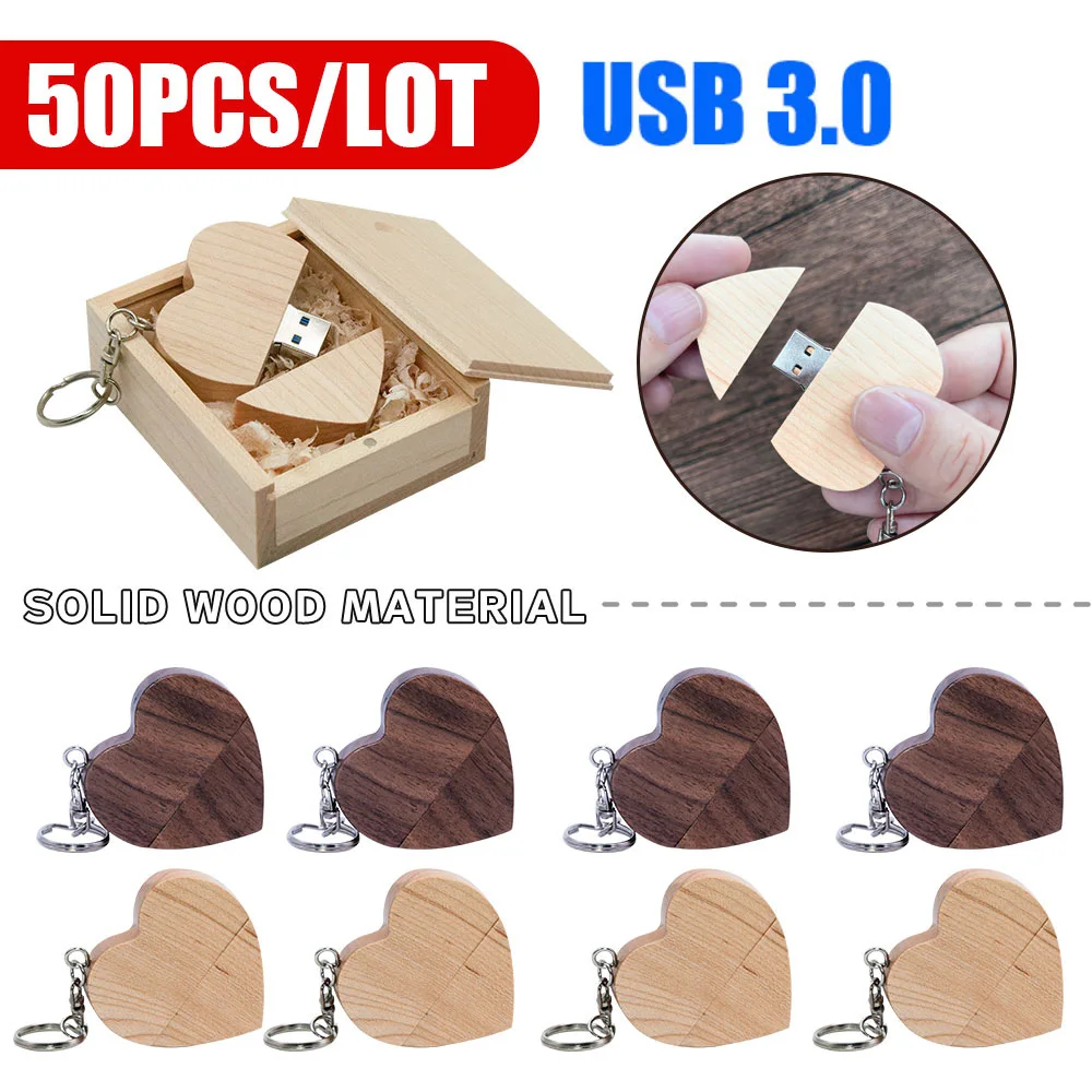 50 шт./лот деревянное сердце USB 3 0 флэш-накопители 8/16/32/64/128 ГБ бесплатный логотип