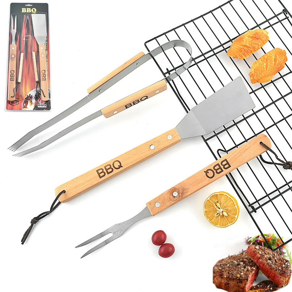 

3pcs/set Stainless Steel BBQ Grill Tools Handheld Tongs Fork Spatula Food Meat Outdoor Kitchen Serving Chef Accessories