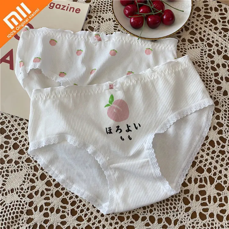 

Xiaomi 2pcs Cotton Women Panties High Quality Cute Peach Print Female Girls Briefs Soft Breathable Underwear Lace Sexy Lingeries