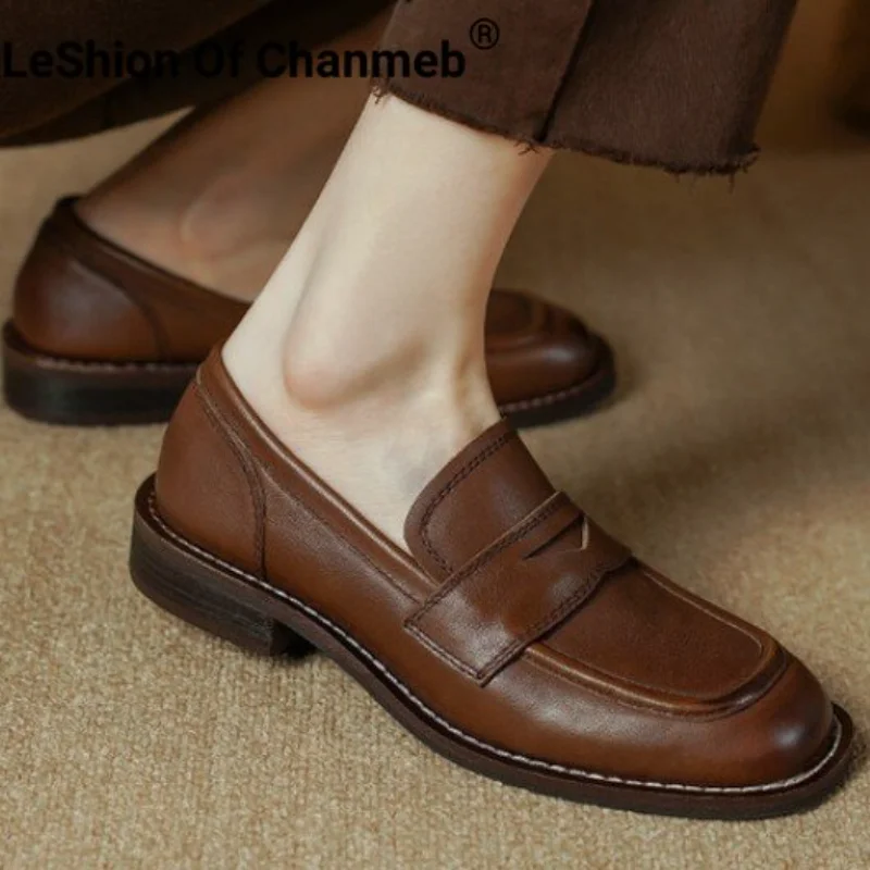 

LeShion Of Chanmeb Women High Quality Genuine Leather Loafers Round Toe Slip-on Flat Shoes Geometric Woman's Creeper Loafer 2023