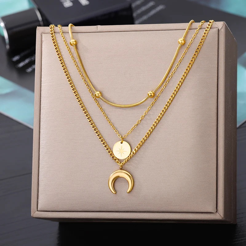 

Fashion Moon Pendant Necklaces For Women Stainless Steel Multilayer Gold Plated Chain Moon Necklace Birthday Jewelry Gift BFF