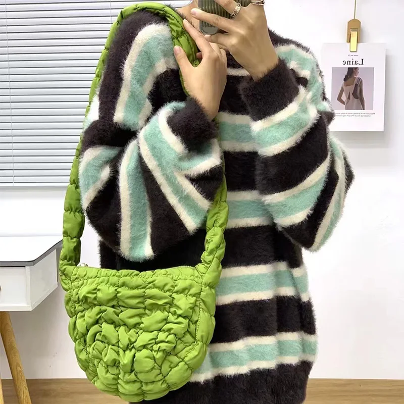 

Fashion Nylon Pleated Handbag Women's Ruched Padded Tote Quilting Shoulder Crossbody Bag Female Casual Handle Bag Purses Ins