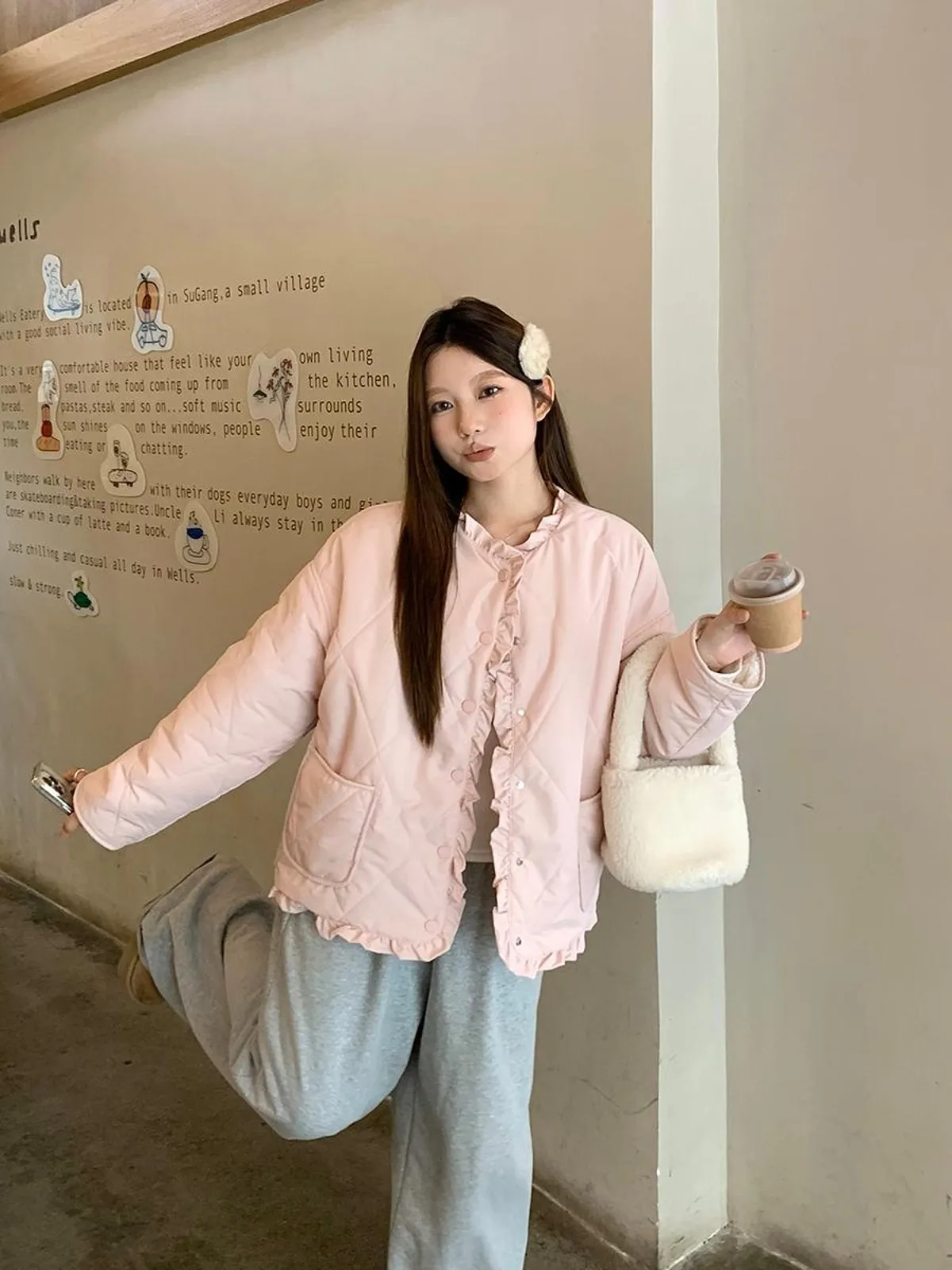 Маленькая хлопковая стеганая куртка с розовым ромбом 2024 зимняя милая новая